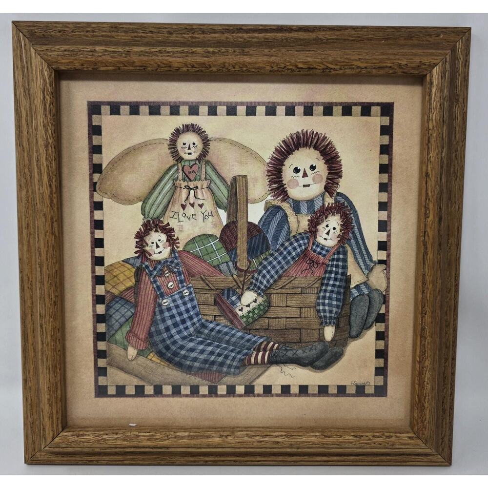 Vintage Raggedy Ann Family Framed Print Folk Art Country Decor 12.5” Rustic